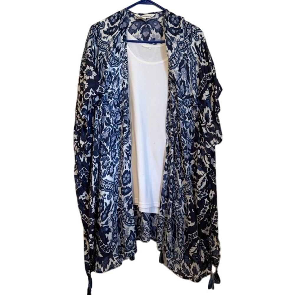 Tantrums Women's 2-Piece White Tank & Blue Paisley Open Cardigan Set L Boho